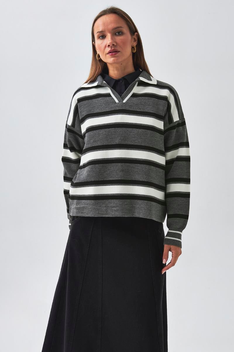 Çizgili Polo Kazak Gri