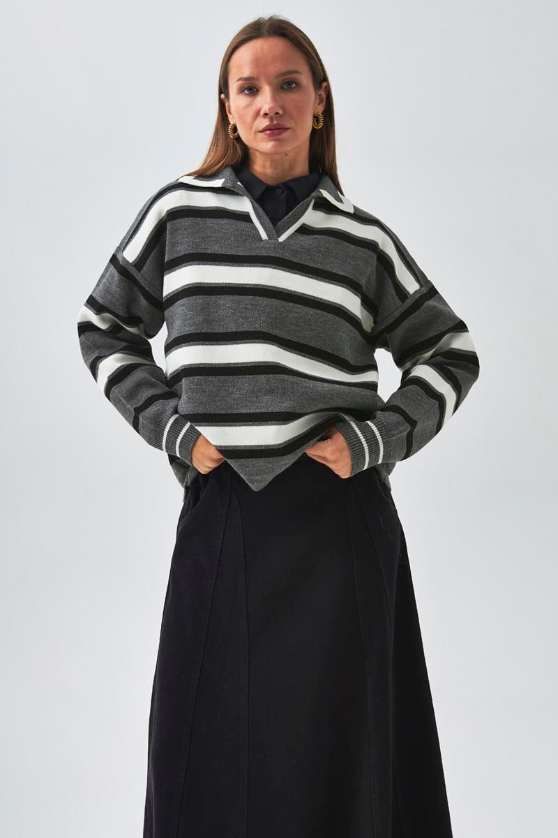 Çizgili Polo Kazak Gri