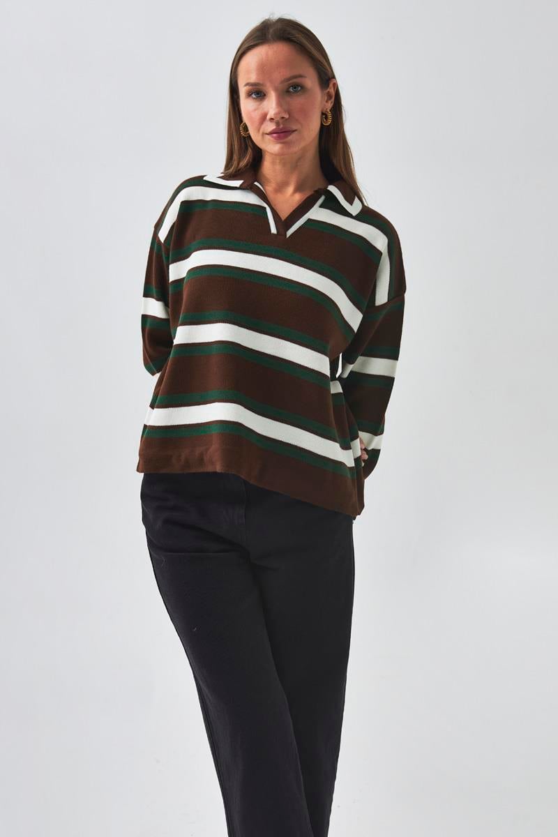 Çizgili Polo Kazak Kahverengi