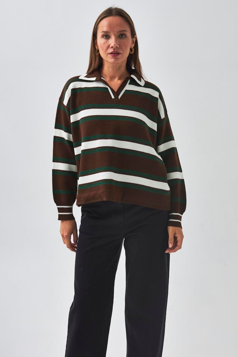 Çizgili Polo Kazak Kahverengi