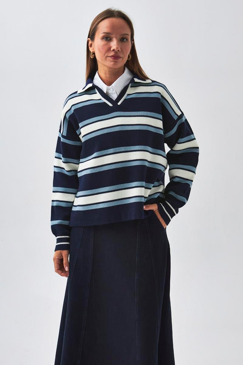 Çizgili Polo Kazak Lacivert