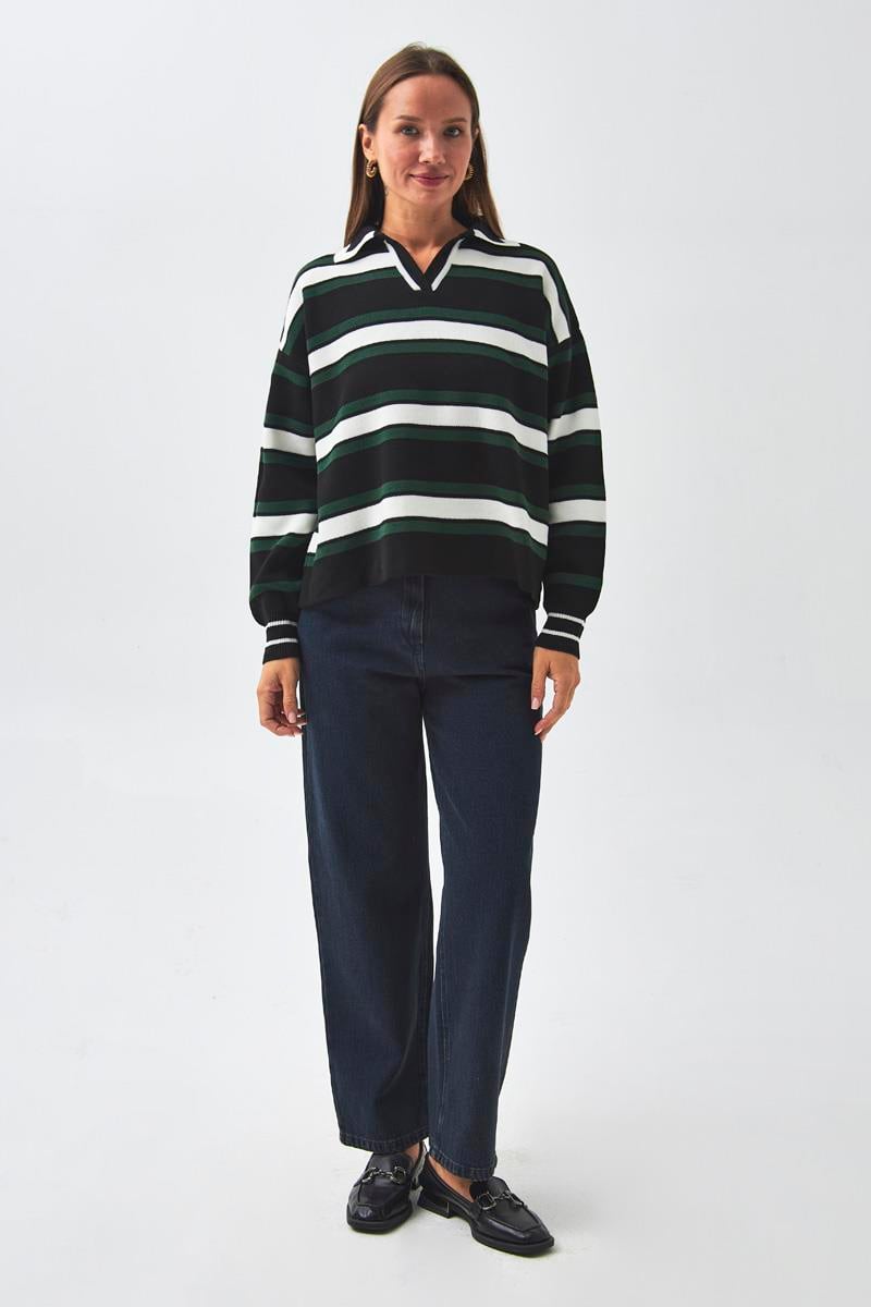 Çizgili Polo Kazak Siyah