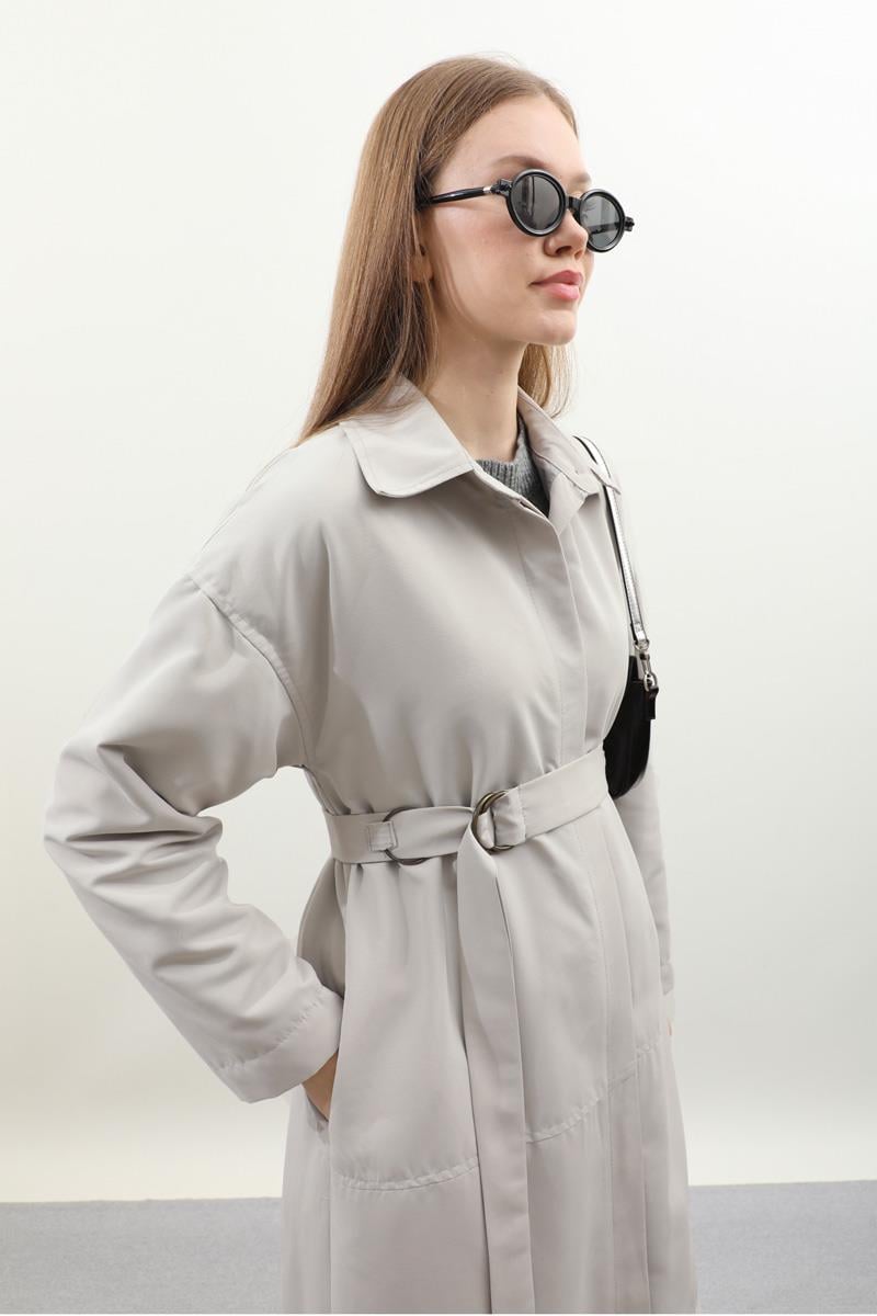 D Tokalı Trençkot Açık Gri