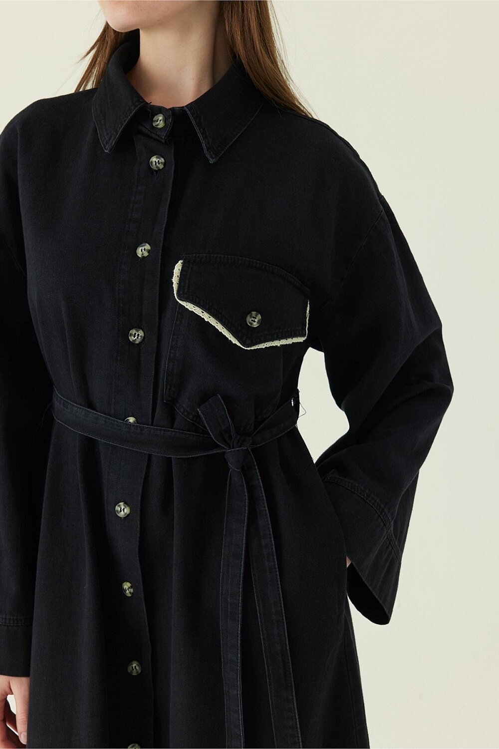 Dantel Detaylı Denim Elbise