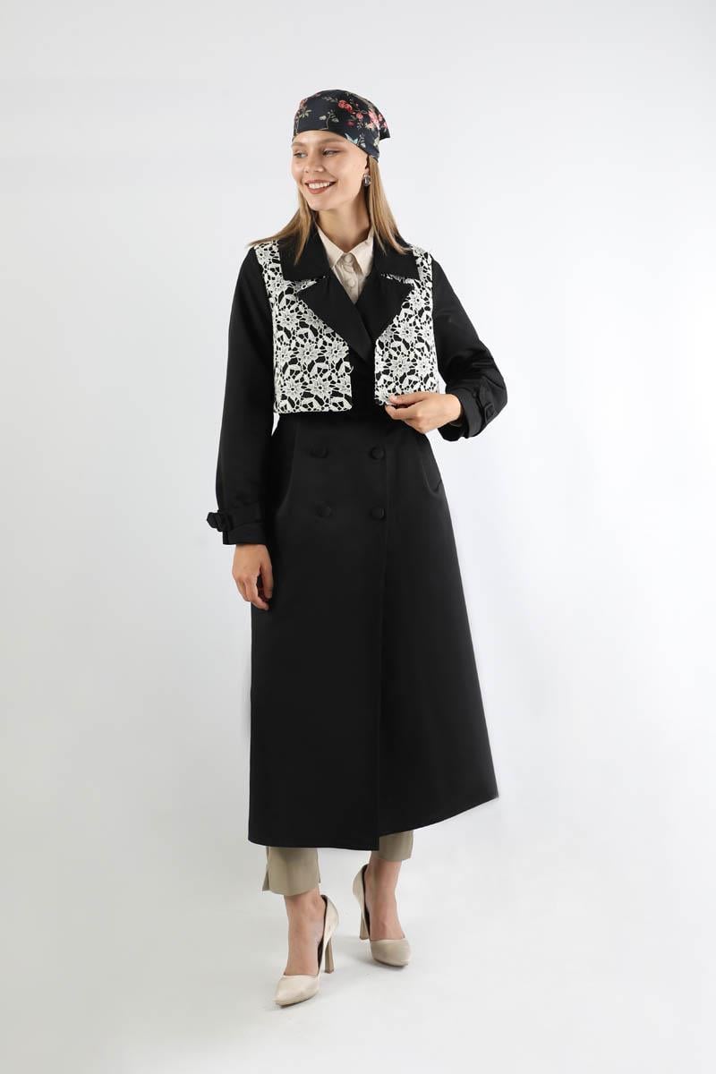 Dantel Detaylı Trençkot Siyah