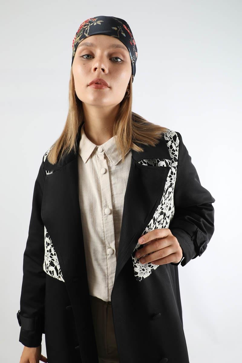 Dantel Detaylı Trençkot Siyah