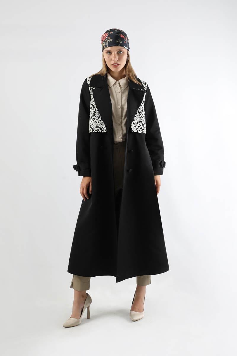 Dantel Detaylı Trençkot Siyah