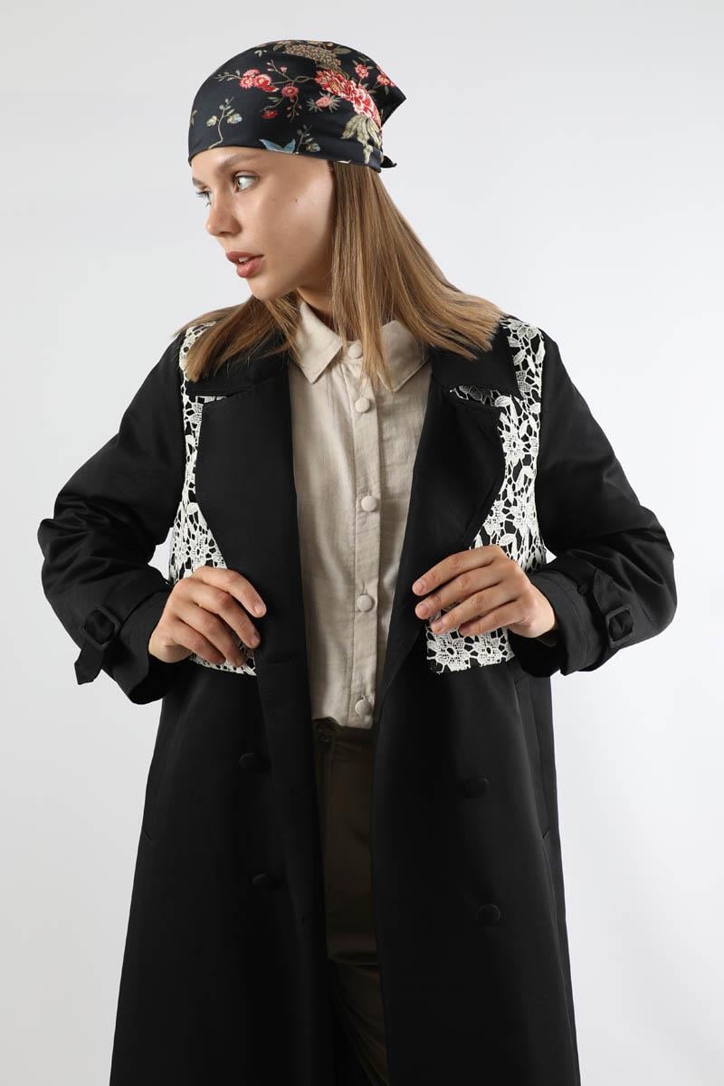 Dantel Detaylı Trençkot Siyah