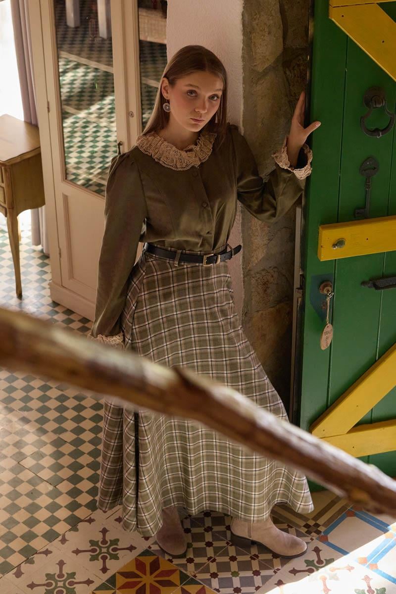 Dantelli Kısa Süet Gömlek Haki