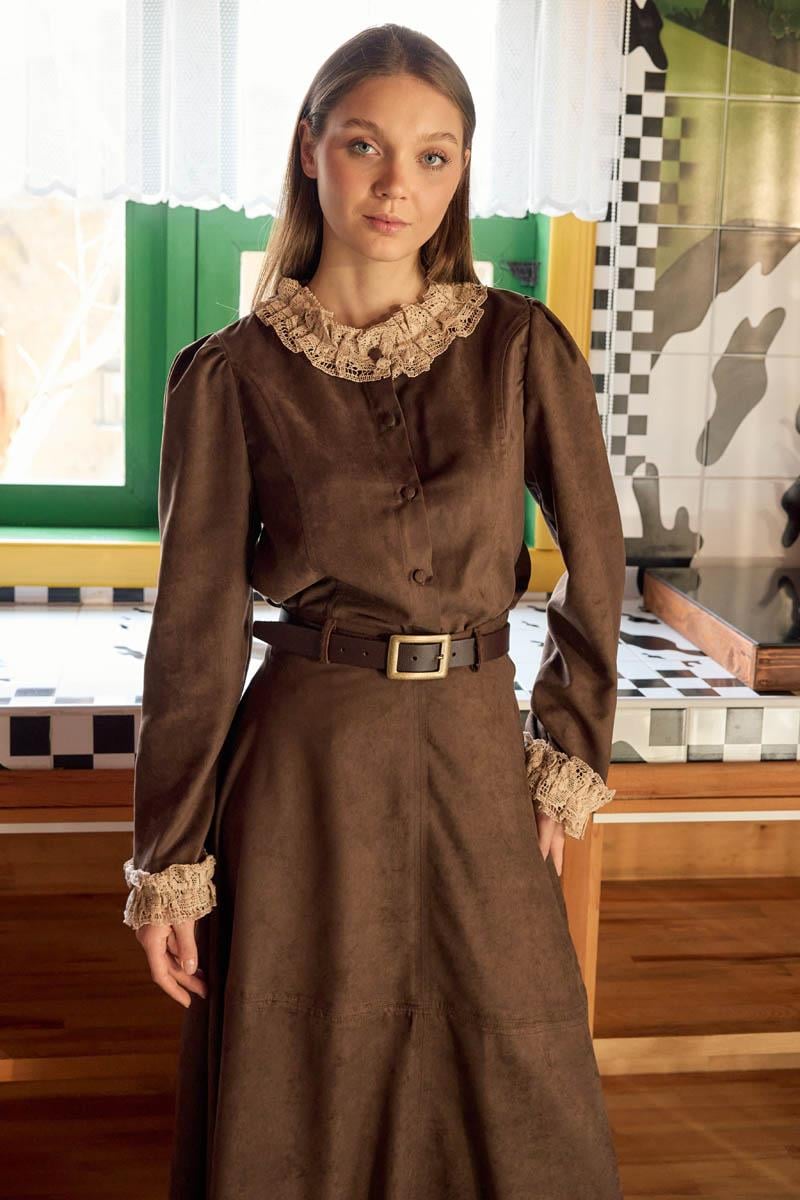 Dantelli Kısa Süet Gömlek Kahverengi