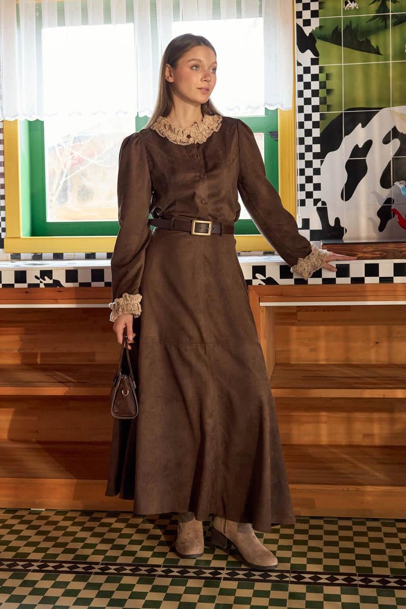 Dantelli Kısa Süet Gömlek Kahverengi