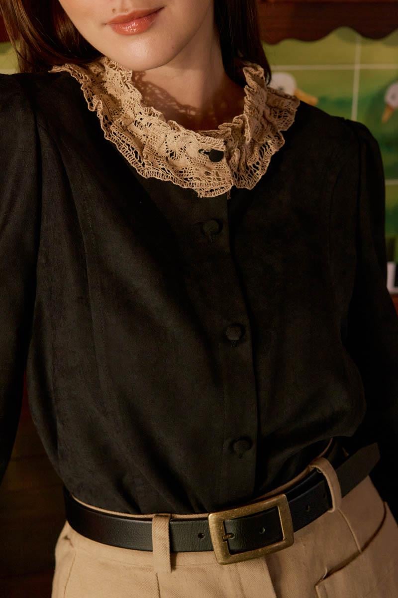 Dantelli Kısa Süet Gömlek Siyah