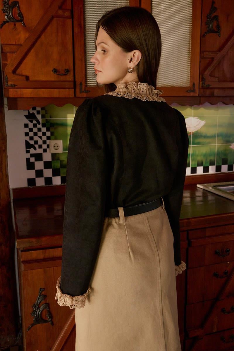 Dantelli Kısa Süet Gömlek Siyah