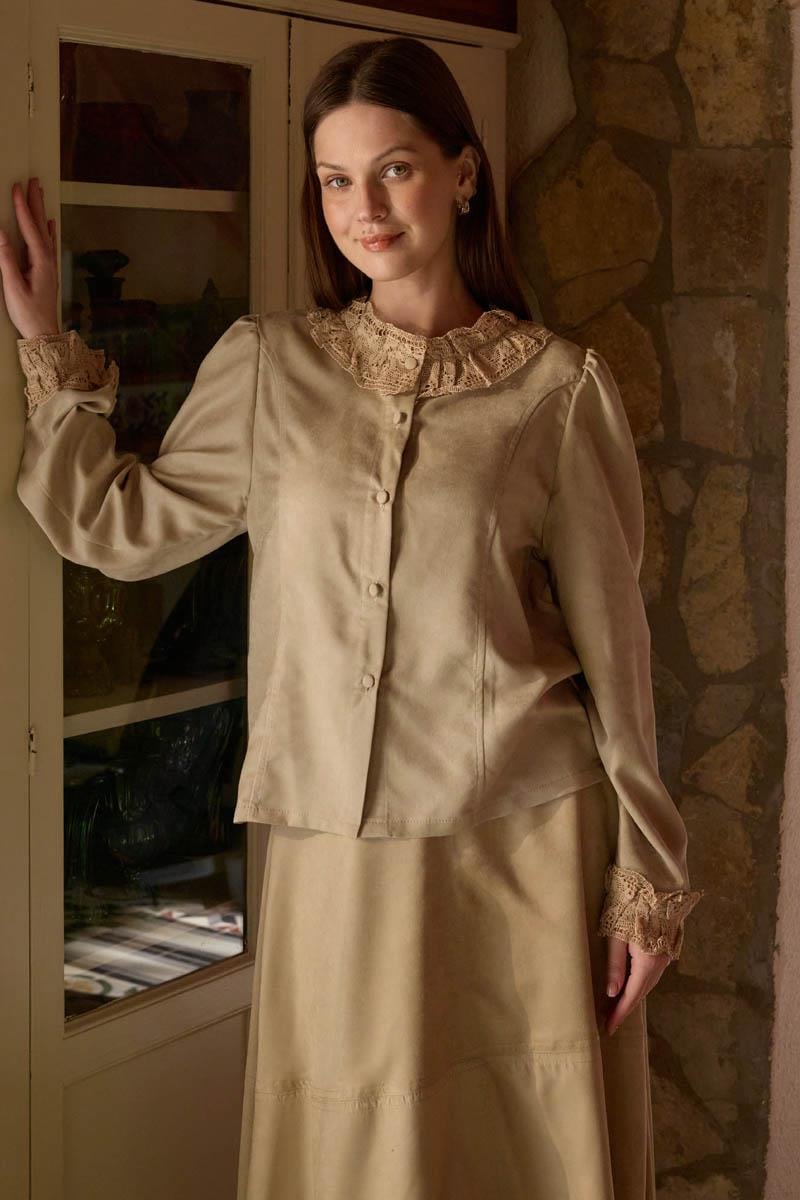 Dantelli Kısa Süet Gömlek Taş