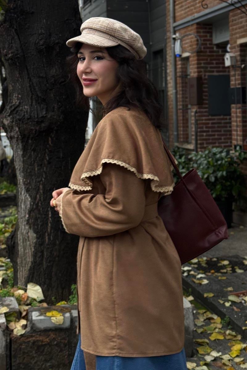 Dantelli Süet Gömlek Camel