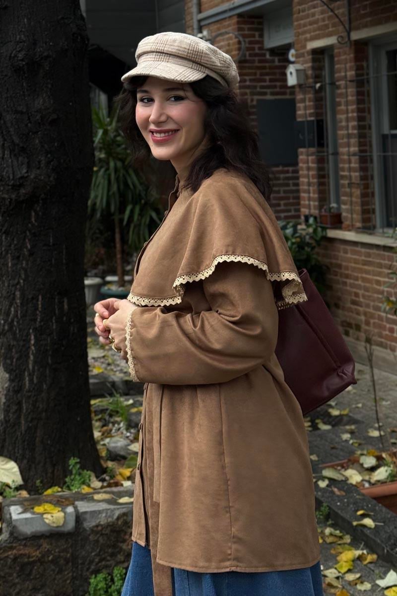 Dantelli Süet Gömlek Camel