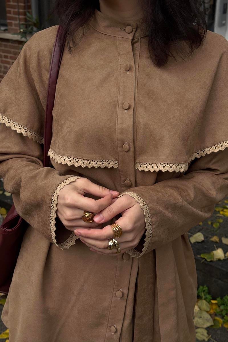 Dantelli Süet Gömlek Camel