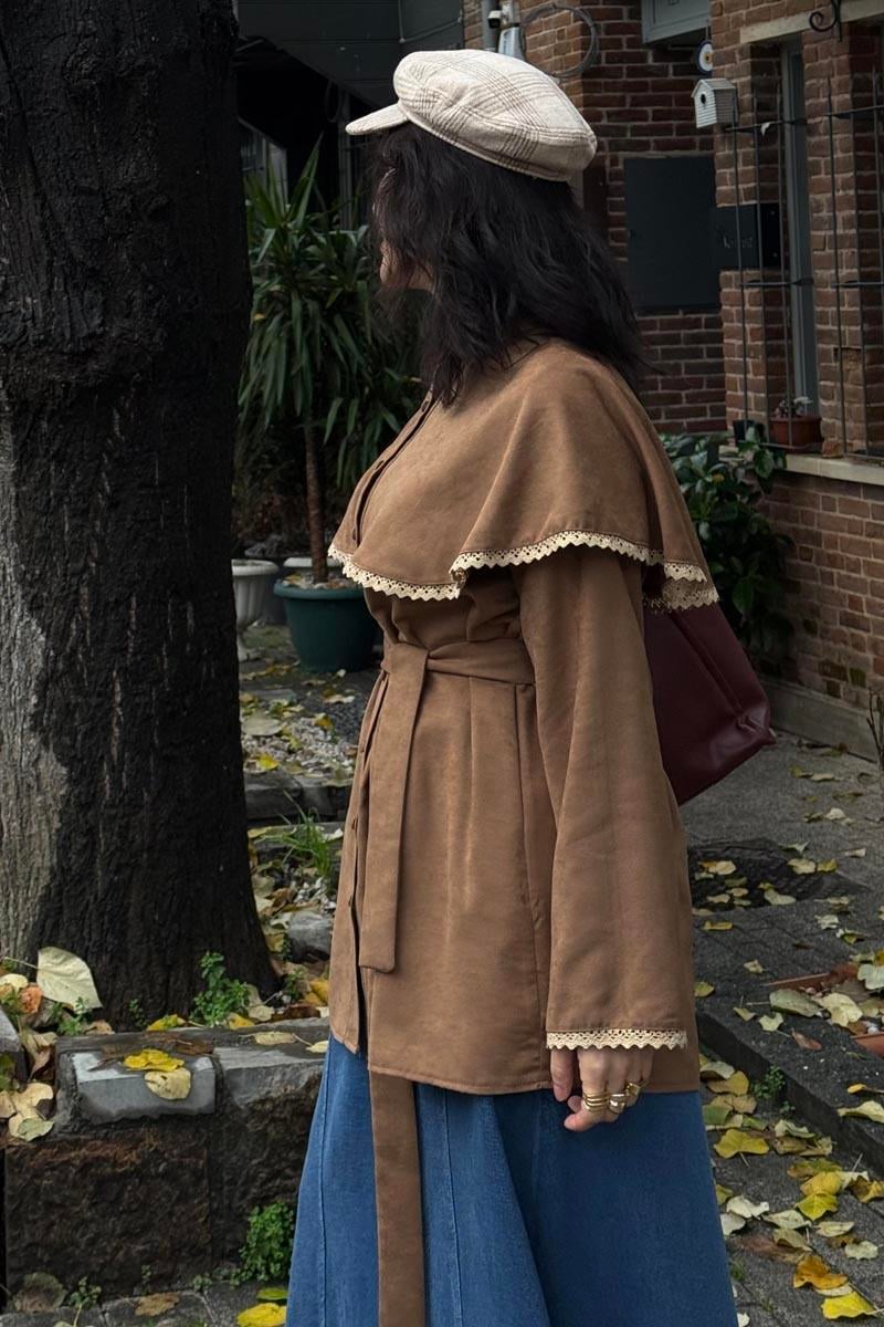 Dantelli Süet Gömlek Camel