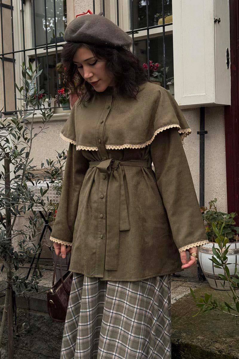 Dantelli Süet Gömlek Haki