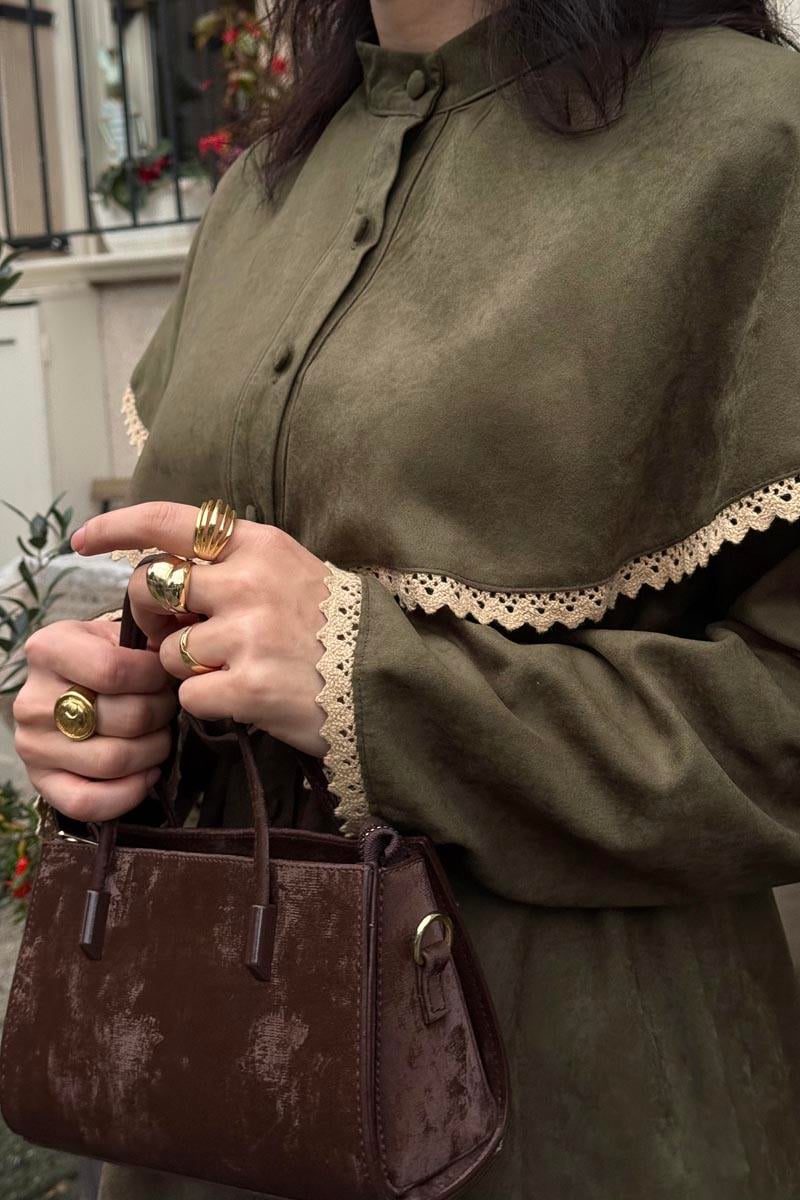 Dantelli Süet Gömlek Haki