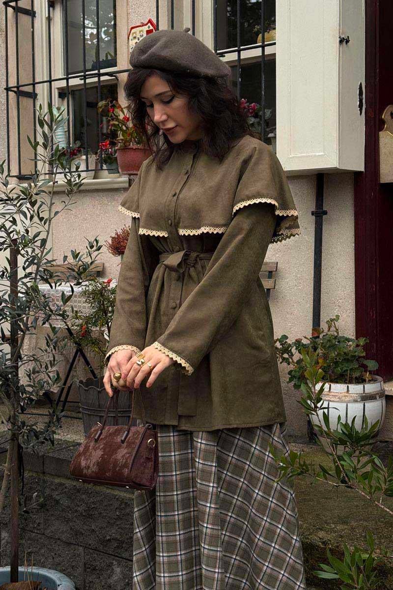 Dantelli Süet Gömlek Haki