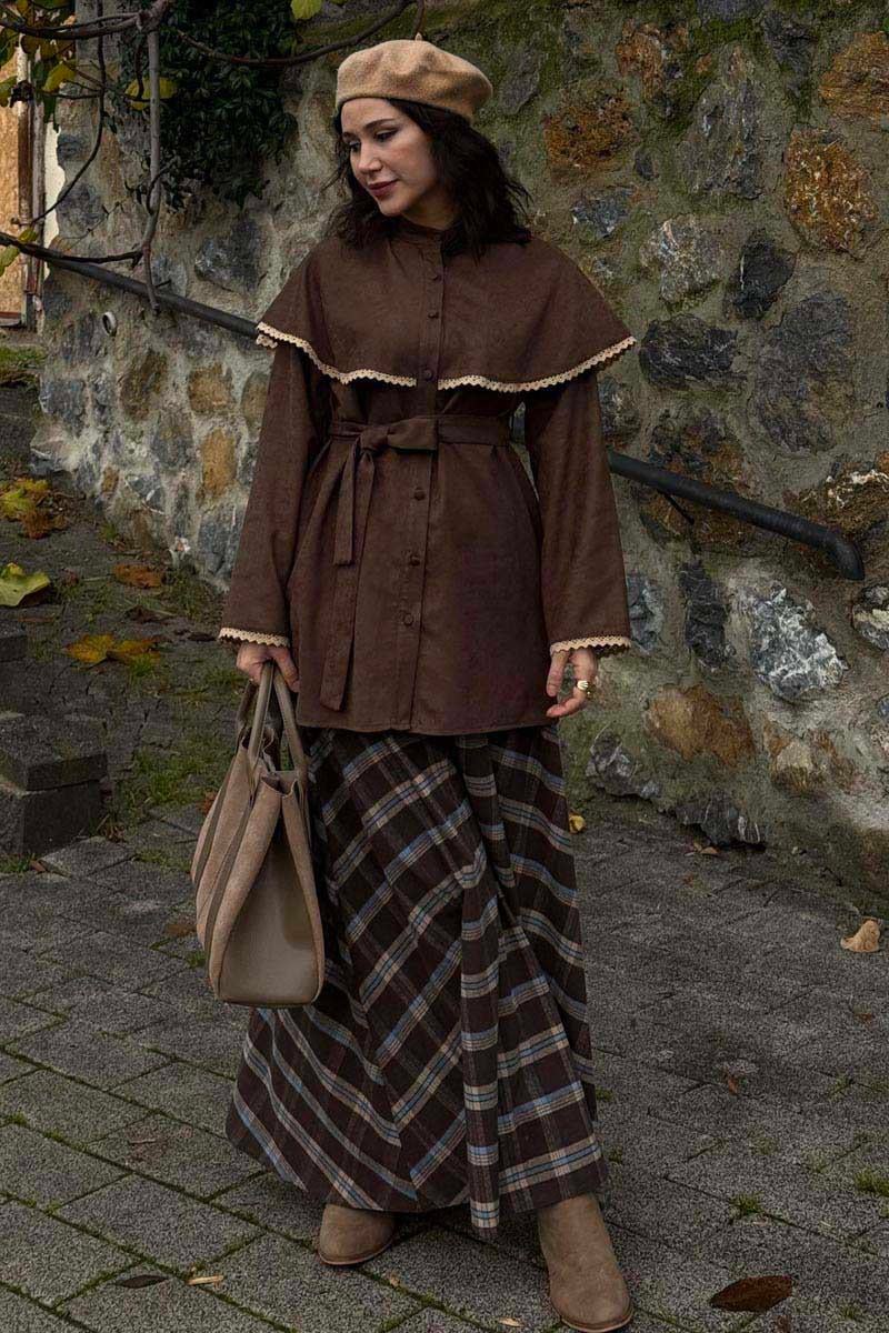 Dantelli Süet Gömlek Kahverengi