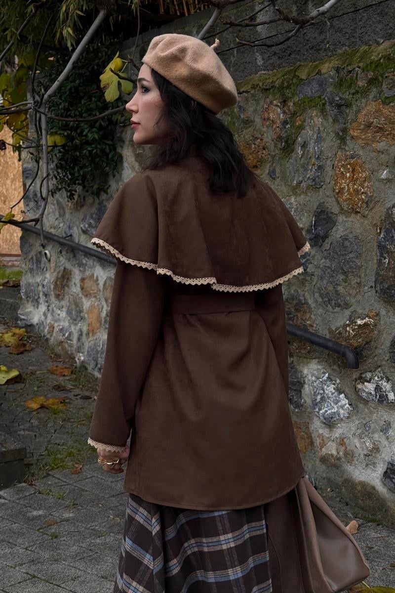 Dantelli Süet Gömlek Kahverengi