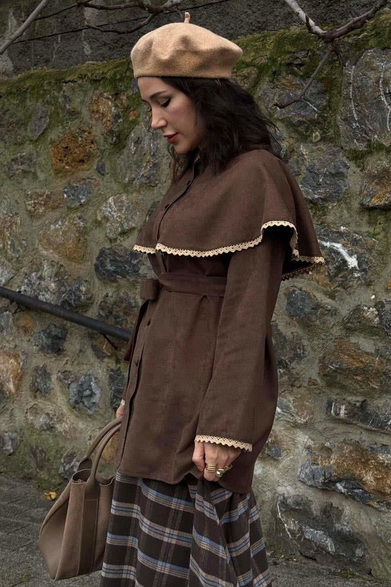 Dantelli Süet Gömlek Kahverengi