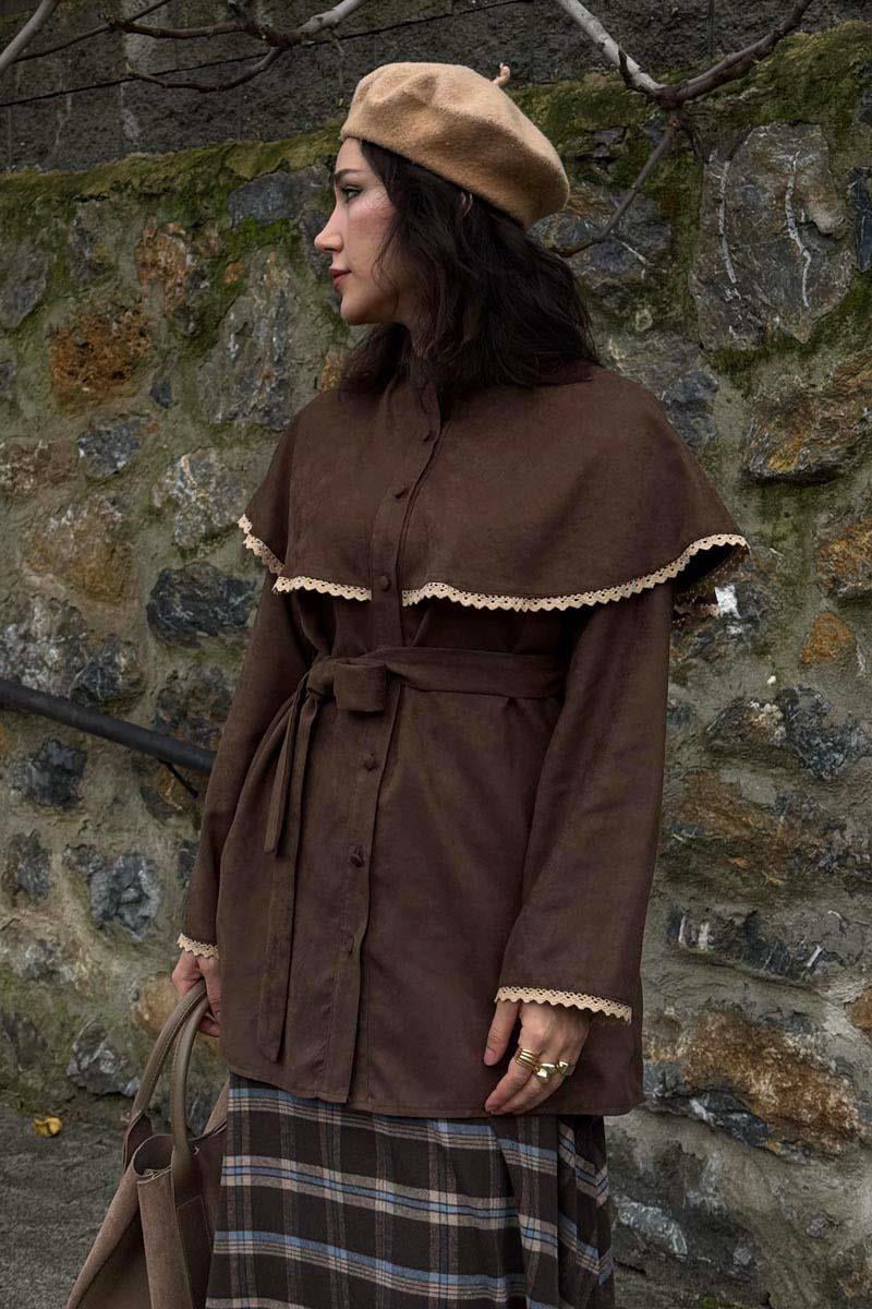 Dantelli Süet Gömlek Kahverengi