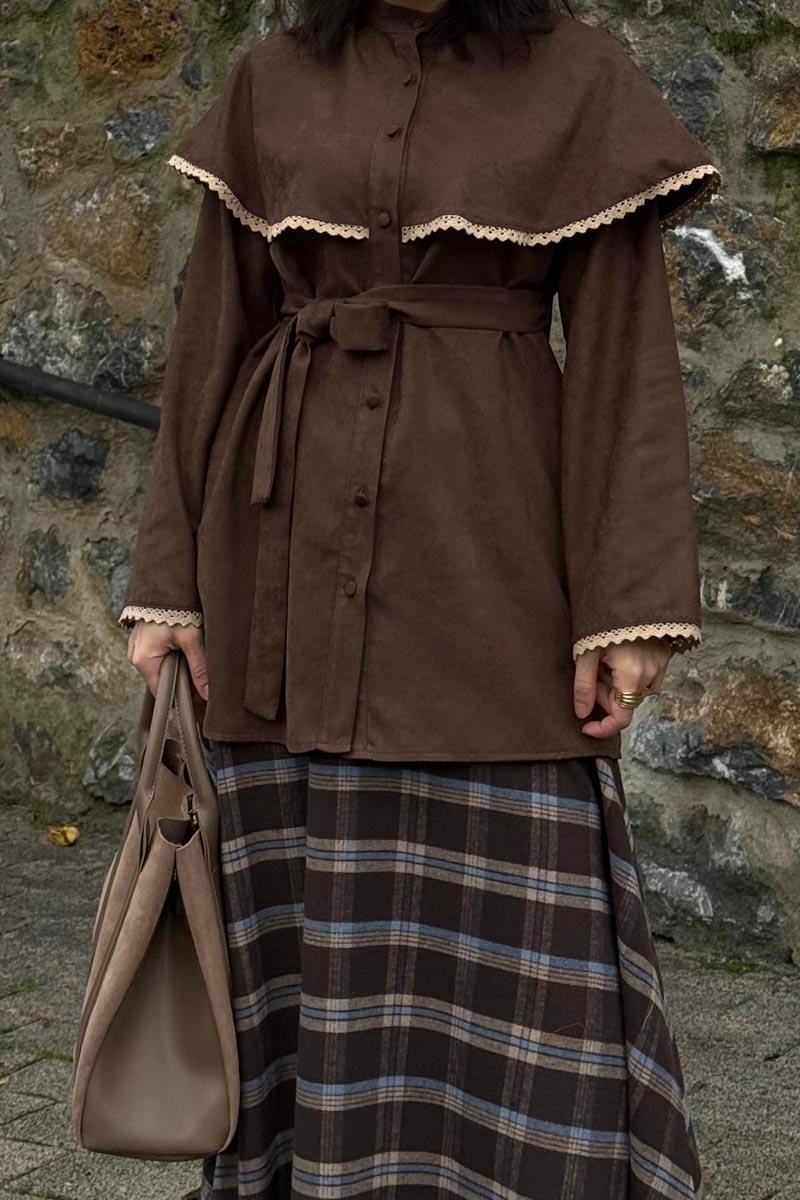 Dantelli Süet Gömlek Kahverengi