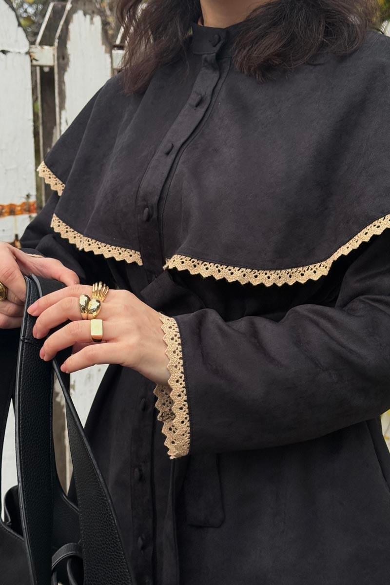 Dantelli Süet Gömlek Siyah