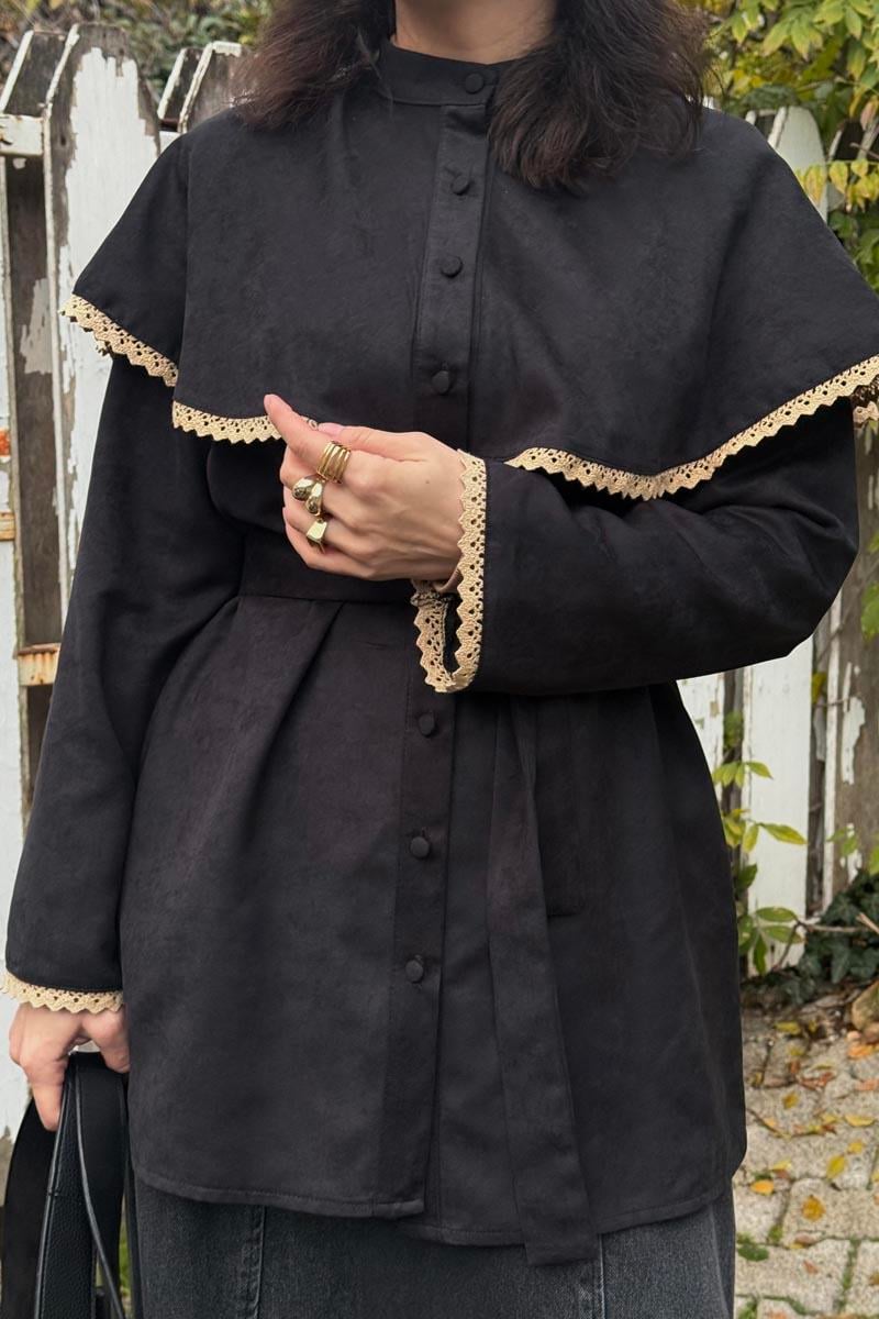Dantelli Süet Gömlek Siyah