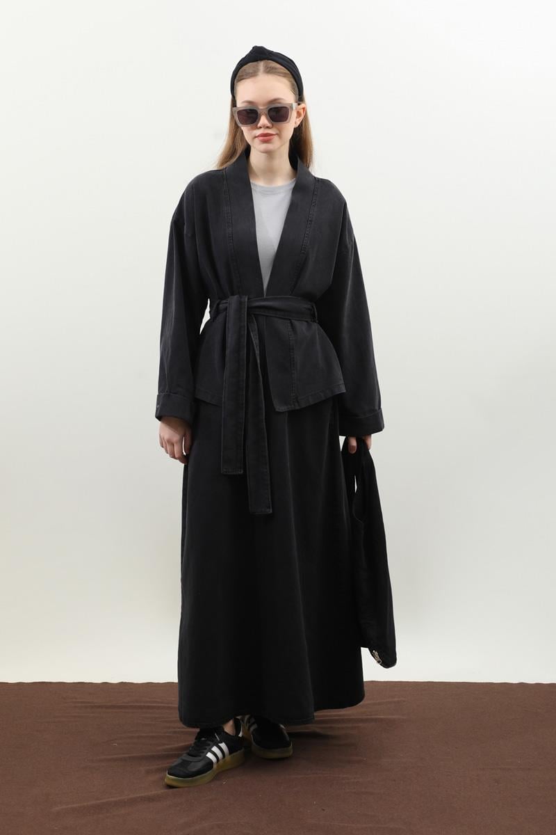 Denim Kimono Etek Takım Siyah