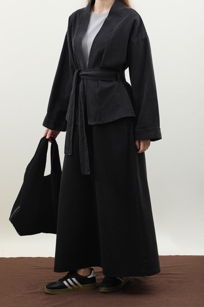 Denim Kimono Etek Takım Siyah