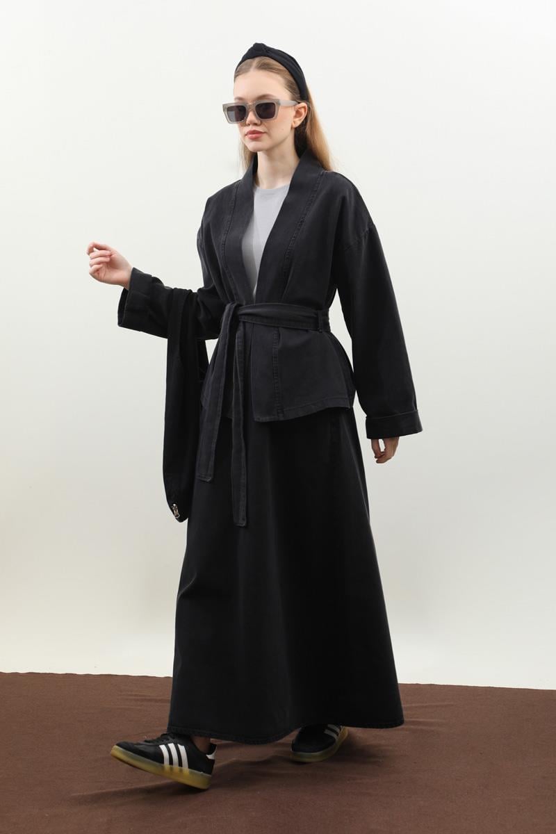 Denim Kimono Etek Takım Siyah
