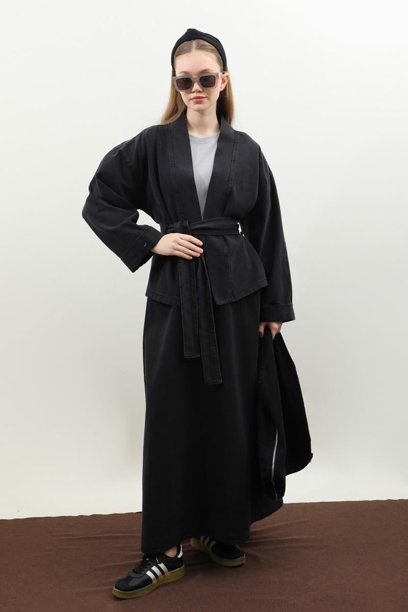 Denim Kimono Etek Takım Siyah