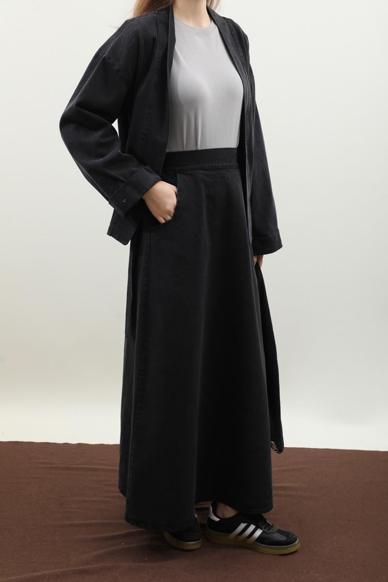 Denim Kimono Etek Takım Siyah
