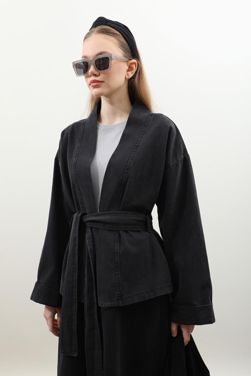 Denim Kimono Etek Takım Siyah