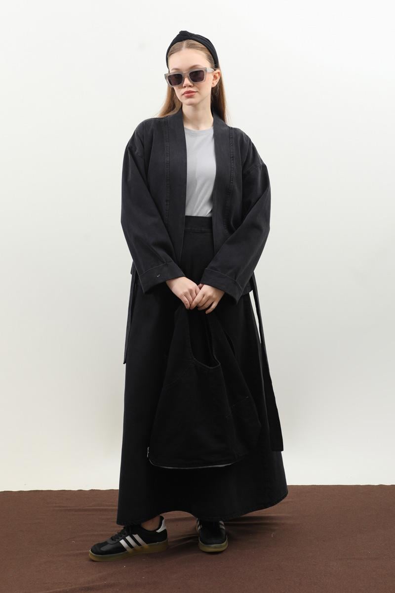 Denim Kimono Etek Takım Siyah