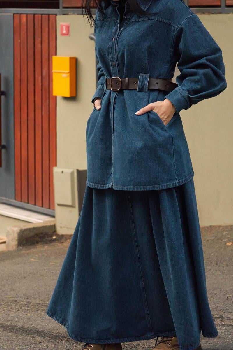 Deri Kemerli Denim Gömlek Açık Mavi