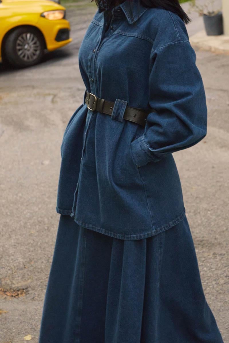 Deri Kemerli Denim Gömlek Açık Mavi