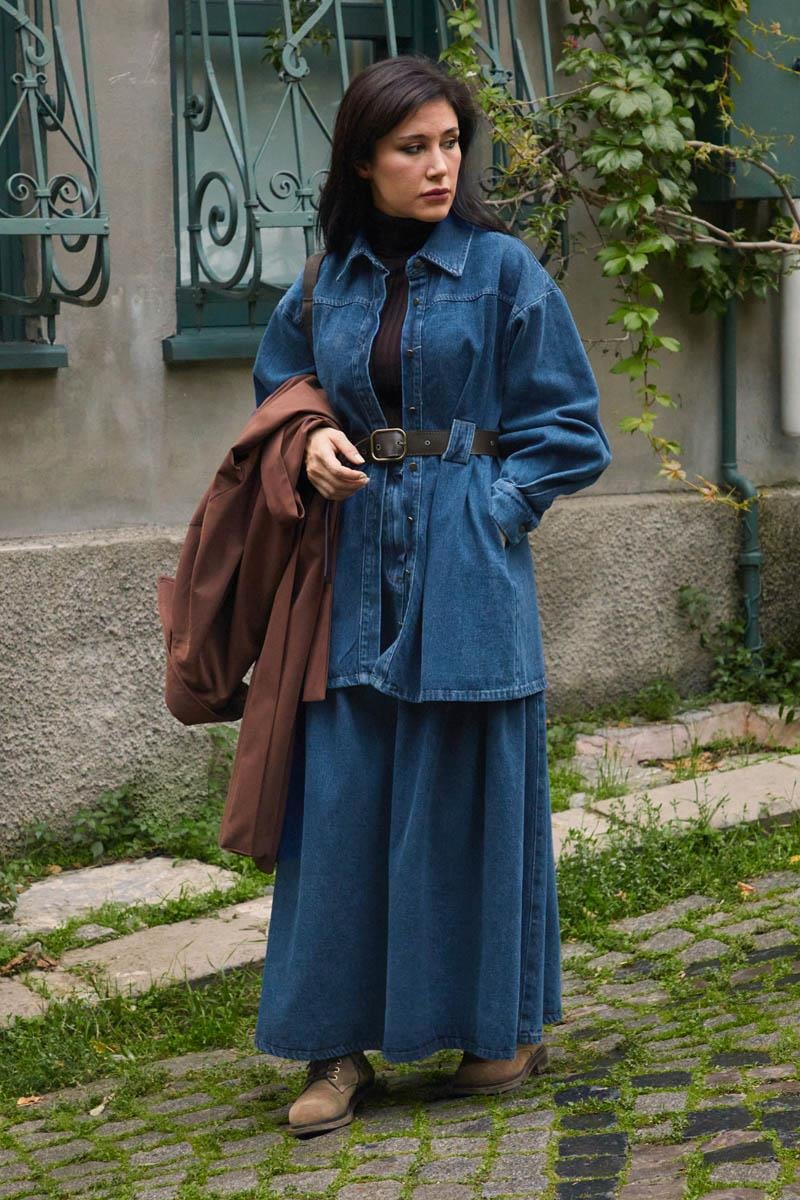 Deri Kemerli Denim Gömlek Açık Mavi