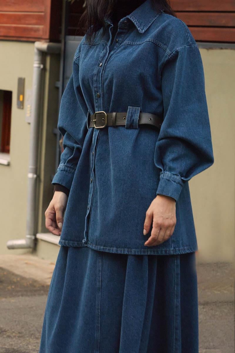 Deri Kemerli Denim Gömlek Açık Mavi