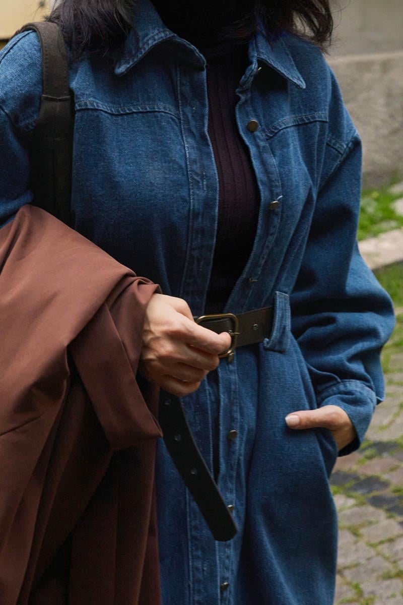 Deri Kemerli Denim Gömlek Açık Mavi