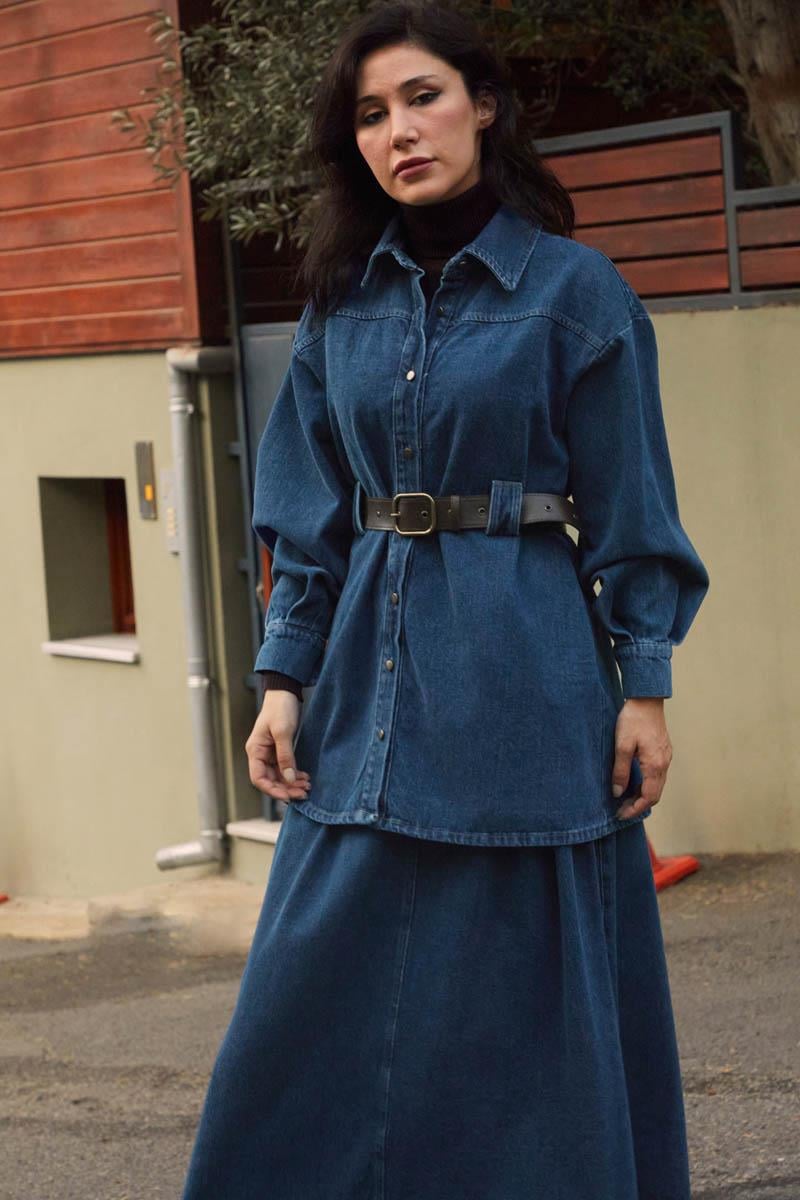 Deri Kemerli Denim Gömlek Açık Mavi