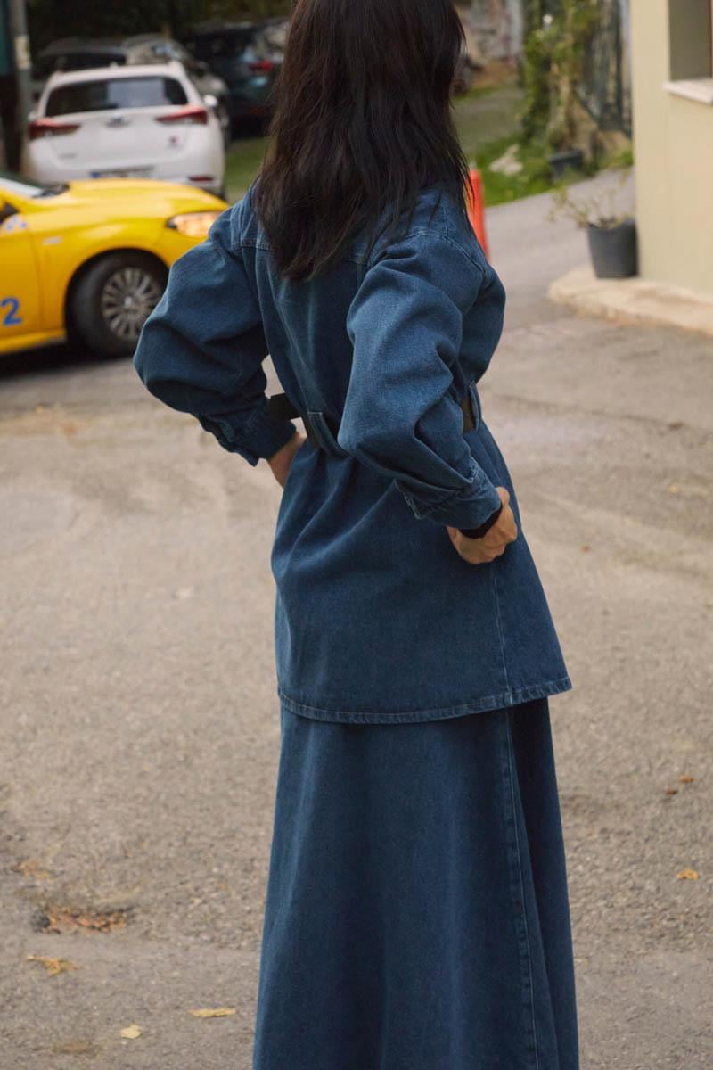 Deri Kemerli Denim Gömlek Açık Mavi