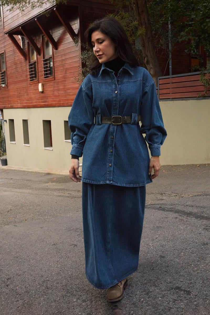 Deri Kemerli Denim Gömlek Açık Mavi