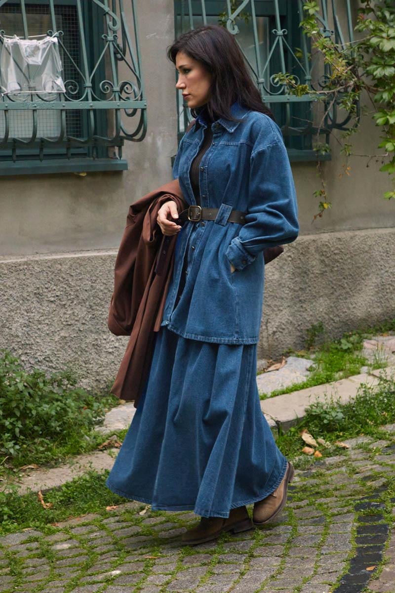 Deri Kemerli Denim Gömlek Açık Mavi