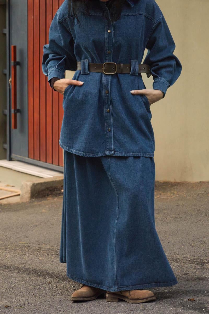 Deri Kemerli Denim Gömlek Açık Mavi