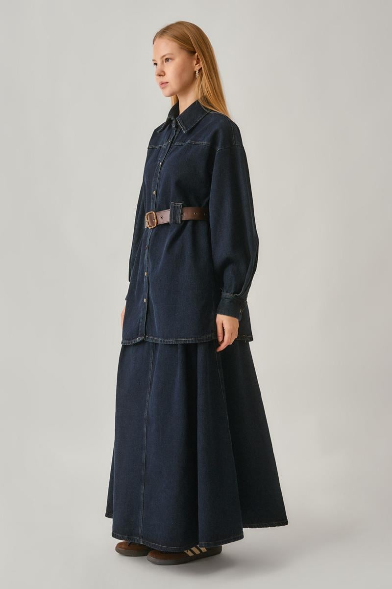 Deri Kemerli Denim Gömlek Koyu Mavi
